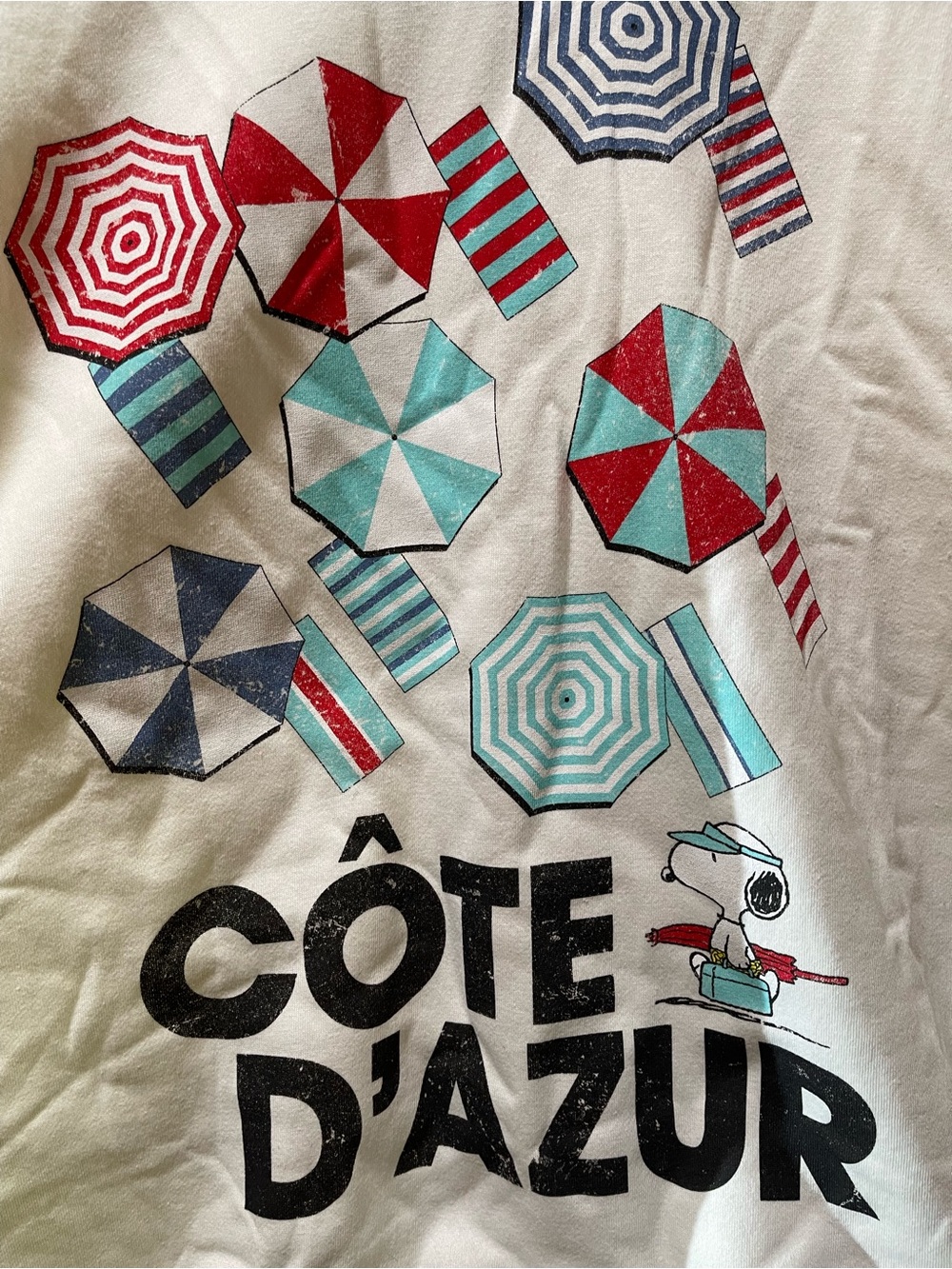 Peanuts White Crewneck Sweatshirt with Red and Aqua Umbrella Graphics - Picture 2 of 4